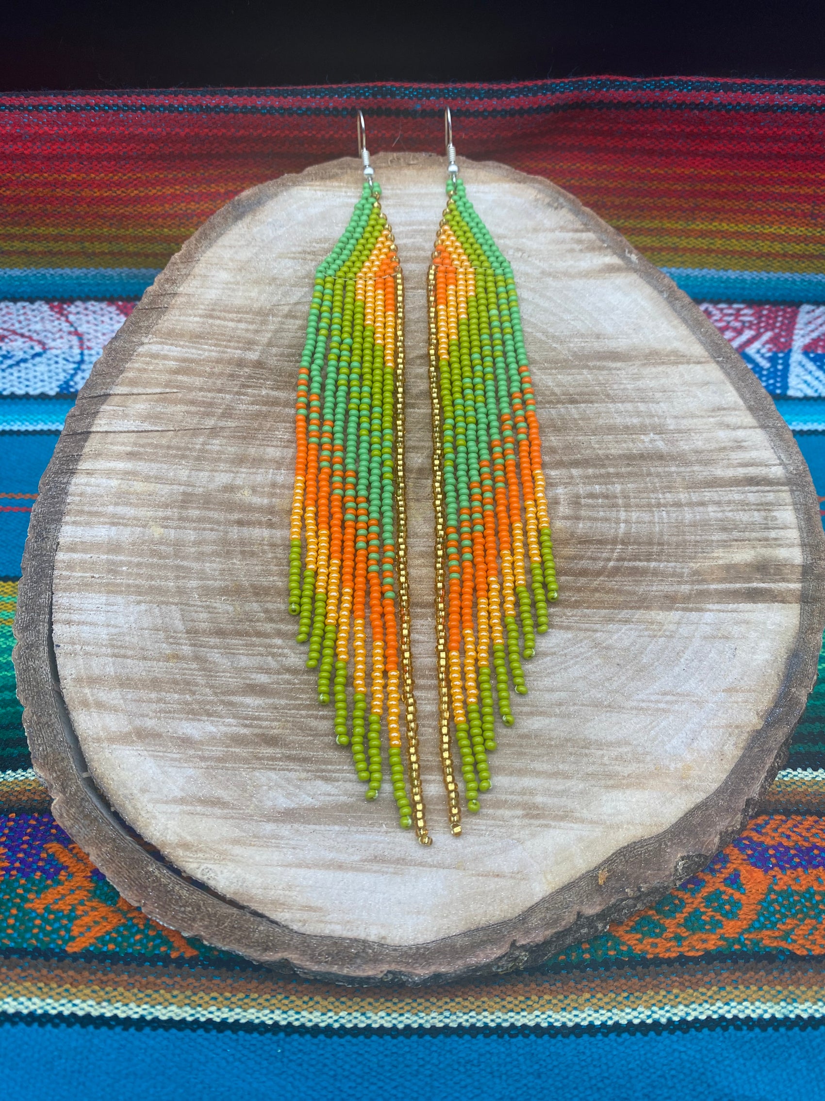 Boucle d'Oreille Perle De Rocaille Longue Dégradé Vert Orange