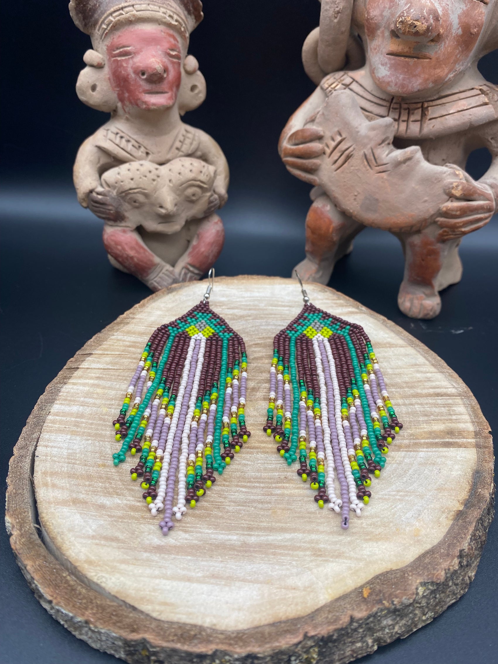 Boucle d'Oreille Perle De Rocaille Vert Brun Violet