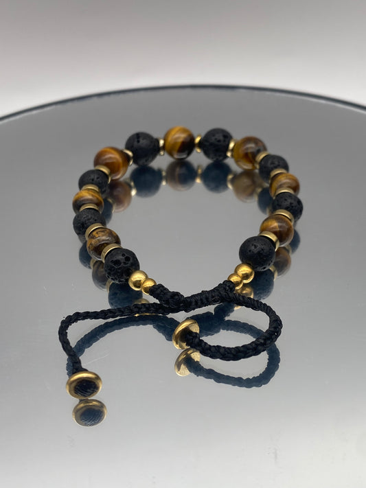 Bracelet Oeil de Tigre-Pierre de Lave hématite Doré